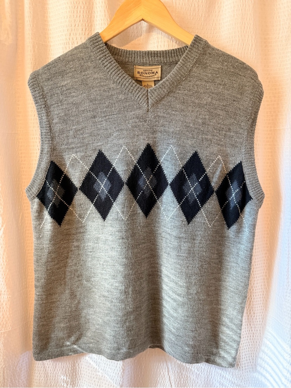 Sonoma Vintage Grey Argyle Sweater Vest V-Neck Large Navy Diamonds